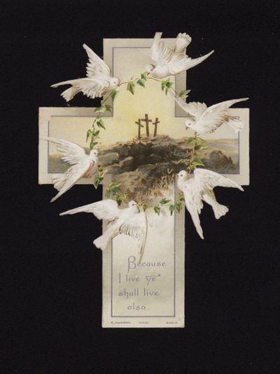 Calvary tepesinde üç haç üzerinde bir çelenk taşıyan güvercinler, Hıristiyan tebrik kartı (chromolitho) by German School