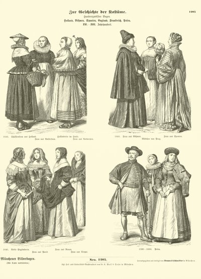 Felemenkçe, Bohem, İspanyolca, İngilizce, Fransızca ve Lehçe, kostümler, 16. - 17. Yüzyıl by German School