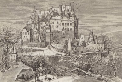 Eltz Kalesi, Moselle Nehri üzerindeki tepelerde, Almanya, 16. yüzyılın sonlarına bakıldığında (litho) by German School