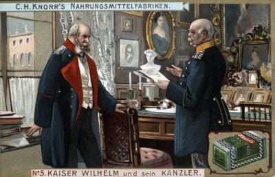 Almanya ve Prusya İmparatoru I. William (1797-1888) ve Şansölye Otto von Bismarck (1815-1898) siyasi konuları tartışıyorlar. Kromolitografi, 19. yüzyıl sonu. by German School