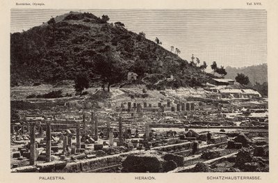Antik Olympia kazısı, Yunanistan: Palaestra, Hera Tapınağı ve Hazineler (gravür) by German School