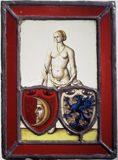 İki hanedan armasını destekleyen kadın nü, 1535 civarı (çömlek-metal, flaslı ve şeffaf cam, sarı leke ve siyah vitray boya) by German School