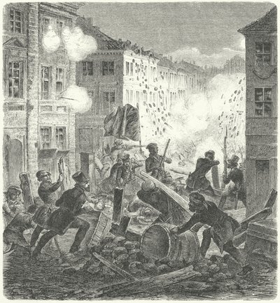 Colln Belediye Binası önünde bir barikatta savaşmak, Berlin, 1848 Devrimi (gravür) by German School
