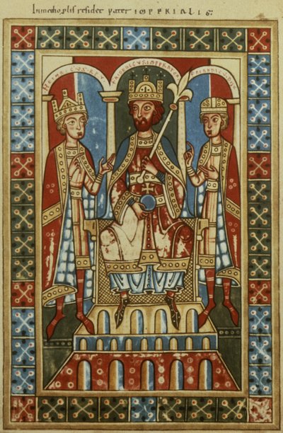 I. Frederick, iki oğlu Kral VI. Henry ve Dük Frederick ile birlikte, yaklaşık 1180 by German School