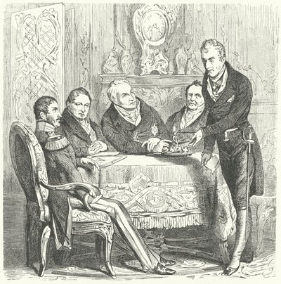 Prusyalı Frederick William III, Başbakanı Karl August von Hardenberg ve Avusturya Dışişleri Bakanı Klemens von Metternich ile yaptığı görüşmelerde (gravür) by German School
