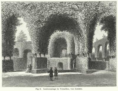 Bahçe tasarımı: 17. yüzyılda Andre le Notre tarafından düzenlenen Versailles, Fransa bahçelerindeki çardaklar (gravür) by German School