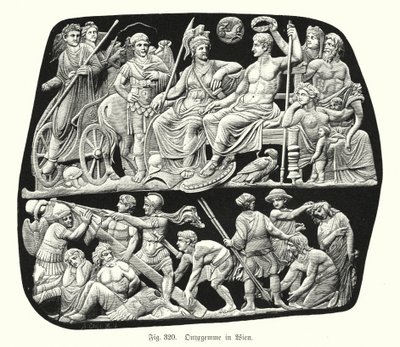 Gemma Augustea, antik Roma oniks kabartma kameo oyulmuş mücevher (gravür) by German School