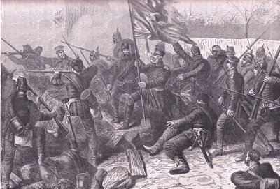 General von Budretzky, Le Bourget'e yapılan saldırıya liderlik ediyor, Cassells History of the War of France and Germany, Cassell and Company Limited tarafından yayınlandı, c.1890 (litho) by German School