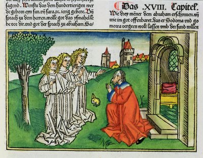 Yaratılış 18 2 İbrahim ve Üç Melek, Nürnberg İncilinden (Biblia Sacra Germanaica) (renkli gravür) by German School