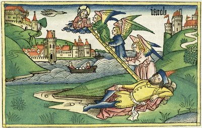 Genesis 28 10 Jacobs Ladder, Nürnberg İncilinden (Biblia Sacra Germanaica) (renkli gravür) by German School
