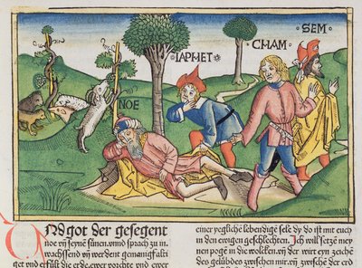 Yaratılış 9 20-27 Nuh, Nürnberg İncilinden (Biblia Sacra Germanaica) oğulları Shem, Ham ve Japeth tarafından bir pelerinle kaplandı (renkli gravür) by German School