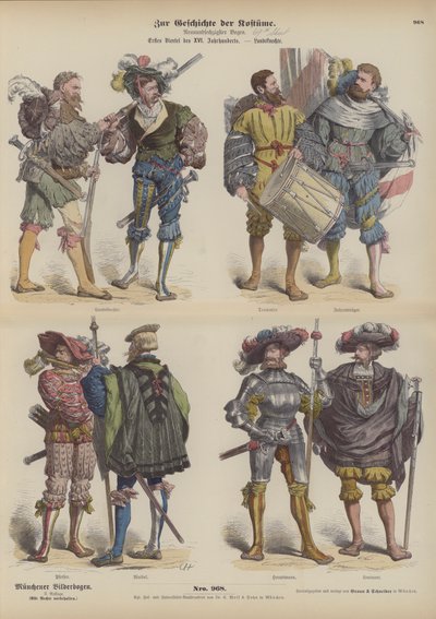 Alman Landsknechte (paralı askerler), 16. yüzyılın başlarında (renkli gravür) by German School
