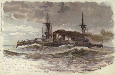 Alman zırhlısı SMS Weissenburg, 19. yüzyılın sonları veya 20. yüzyılın başlarında (renkli lito) by German School
