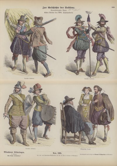 Alman askeri ve burjuva kostümleri, 17. yüzyılın başlarında (renkli gravür) by German School