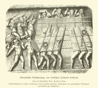 Romalı askerler tarafından saldırı altında olan Germen tahkimatı (gravür) by German School
