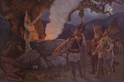 Bir kahine danışan Cermen savaşçılar (renkli taş baskı) by German School