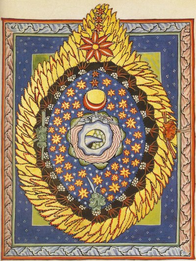 Tanrı, Kozmos ve İnsanlık. Bingen'li Hildegard tarafından Liber Scivias'tan minyatür, c.1175 (parşömen üzerine suluboya) by German School