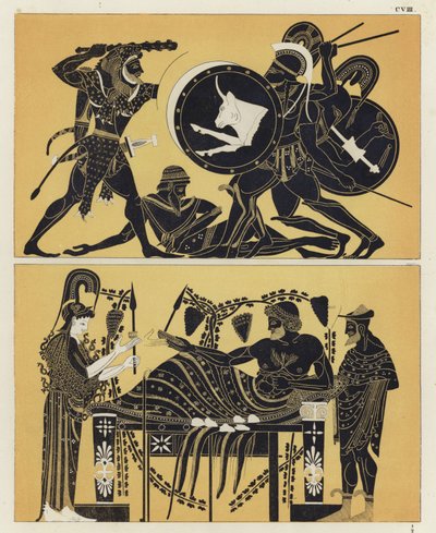 Athena ve Dionysos ile Geryon ve Geryon ile savaşan Herkül by German School