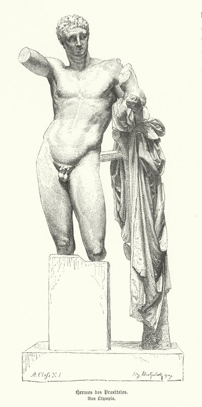Hermes ve Bebek Dionysos, Antik Yunan heykeltıraş Praxiteles'in Hera Tapınağı, Olympia'nın kalıntılarında keşfedilen heykeli (gravür) by German School