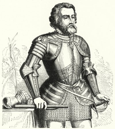 Hernan Cortes, İspanyol fatihi (gravür) by German School