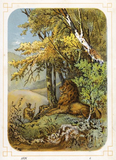 Aslana yaklaşan avcı (renkli taş) by German School