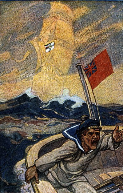 1. Dünya Savaşı sırasında Jugend dergisinden Alman propagandasının illüstrasyonu. Bir İngiliz denizci, Reich bayrağını taşıyan bir hayalet geminin ortaya çıkmasıyla dehşete düşer. by German School