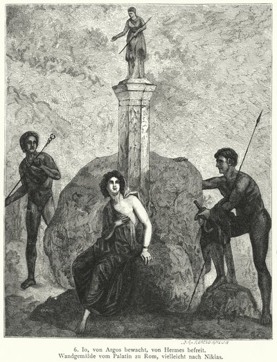 Tanrıça Hera'nın emriyle Argus Panoptes tarafından korunan, Hermes tarafından izlenen, Zeus tarafından onu kaçırmak için gönderilen Io, Roma duvar resmi (gravür) by German School