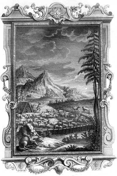 Sadık Çoban Yakup, koyun sürüsünü kurtların saldırısından koruyor, 1731 (bakır levha gravürü) by German School