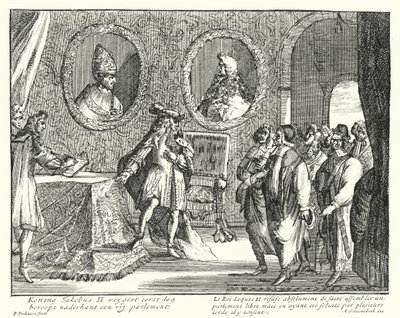 İngiltere Kralı II. James, Parlamentonun oturmasına izin vermeyi reddediyor (gravür) by German School