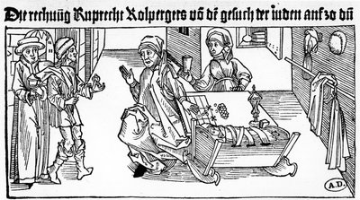 Yahudi tefeci, ailesiyle müşteri alıyor, 1491 (ahşap oyma) by German School