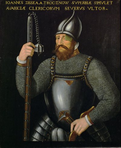 Johann Ziska von Trocnov, 1420 ve 1422 yıllarında İmparatorluk ordularına karşı iki savaş kazanan Bohemyalı Hussitlerin ve Taboritlerin lideri ... by German School