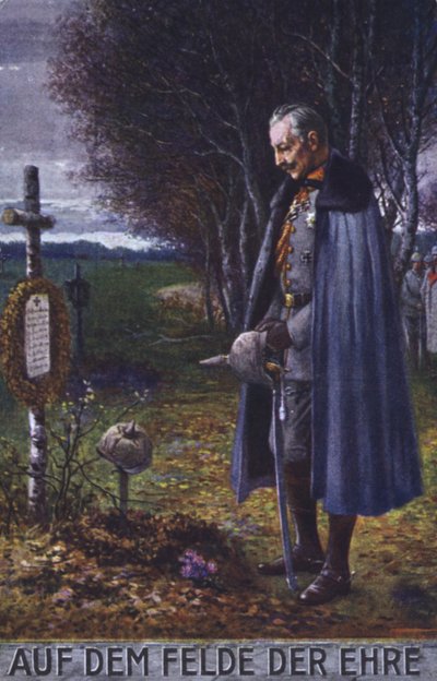 Kayzer Wilhelm II bir Alman askerinin mezarı başında saygı duruşunda bulunurken (renkli taş baskı) by German School