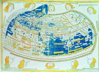 Ptolemy (İskenderiyeli Claudius Ptolemaeus) (MS 90-168) tarafından "Geographia"da verilen tanımlamalara ve koordinatlara dayalı dünya haritası, Ulm, Almanya