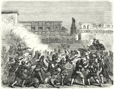 Hernan Cortes'in İspanyol fatihleri tarafından Cholula'da Aztek savaşçılarının ve soylularının katliamı by German School