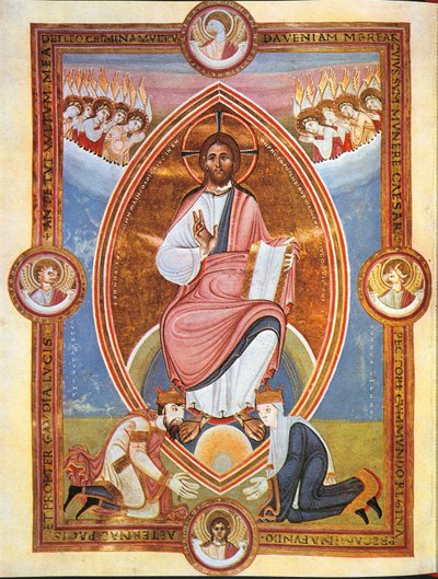 Ayaklarında İmparator Conrad II ve İmparatoriçe Gisela ile badem şeklindeki bir aureola içinde Mesih