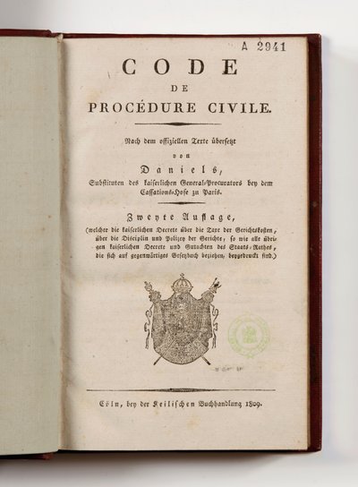 Ren sol yakasının Fransız departmanları için Napolyon medeni usul kanunu, başlık sayfasında açık, Koln, 1809 (basılı kağıt) by German School