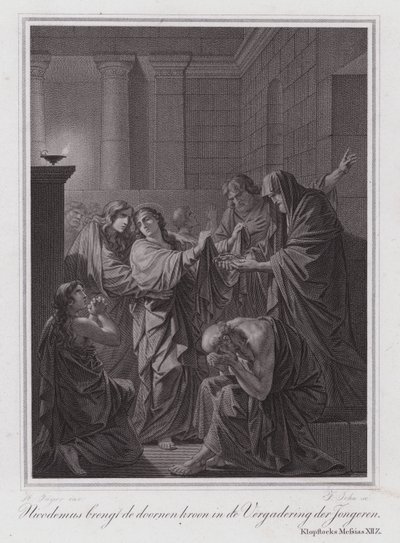 Nicodemus, Dikenli Tacı gençlerin toplantısına getiriyor (gravür) by German School
