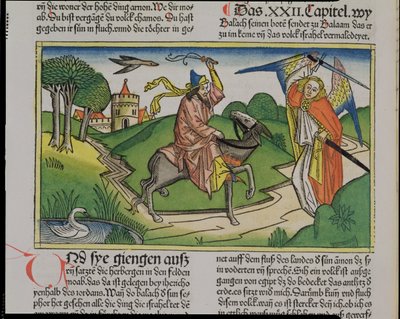 Sayılar 22 20-35 Balaams konuşan eşek, Nürnberg İncilinden (Biblia Sacra Germanaica) (renkli gravür) by German School