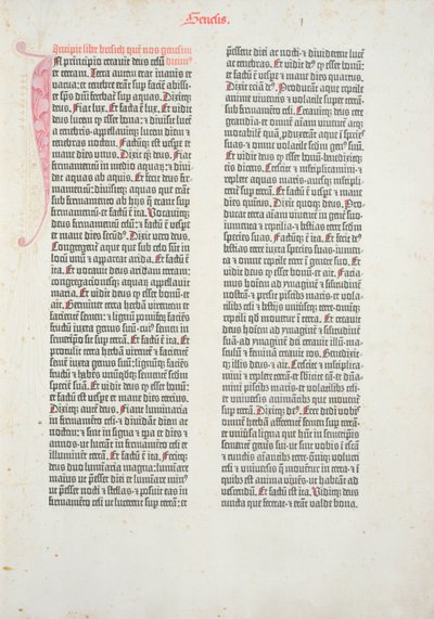 Johannes Gutenberg (c.1400-68) ve Peter Schoeffer (1425-1502) tarafından Mainz, 1454-56 (basılı kağıt) tarafından basılan Gutenberg İncilinden Genesis kitabının açılış sayfası by German School