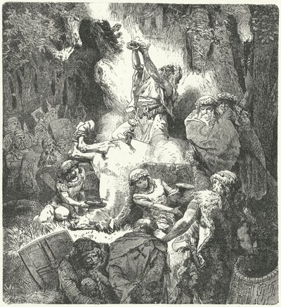 Kutsal bir koruda adak sunan Pagan Litvanyalılar (gravür) by German School