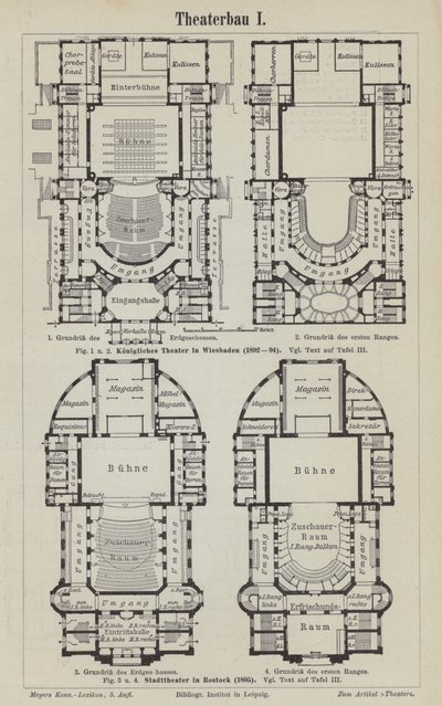 Kraliyet Tiyatrosu, Wiesbaden ve Belediye Tiyatrosu, Rostock, Almanya planları (gravür) by German School