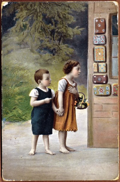 Zencefilli kurabiye evinin önünde Hansel ve Gretel