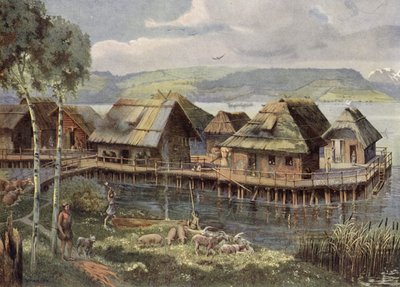 Tarih öncesi Avrupa göl köyü (renkli lito) by German School
