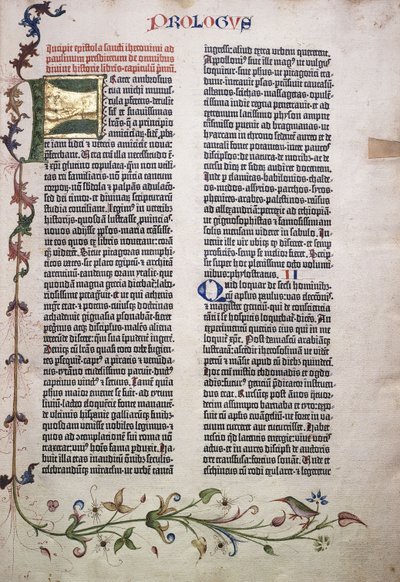 Altın ve yeşil "F" harfi ile önsöz folyosu ve yaprak, çiçek, asma ve kuş sınırı, 1455 by German School