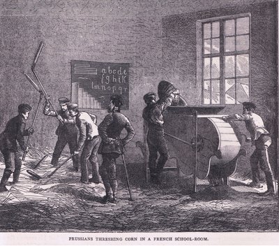 Bir Fransız okul odasında mısır harmanlayan Prusyalılar, Cassell ve Company Limited tarafından yayınlanan Cassells History of the War Fransa ve Almanya arasındaki, c.1890 (lito) by German School