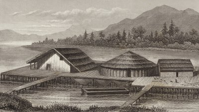 Eski bir göl köyünün yeniden inşası. Bilder-Atlas için İllüstrasyon (gravür) by German School