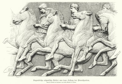 Atinalı gençleri ata binerken gösteren Parthenon frizinden kabartma (gravür) by German School