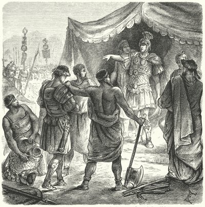 Roma konsolosu Titus Manlius Torquatus, savaşta görevini bıraktığı için oğlunu ölüme mahkum ediyor (gravür) by German School