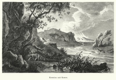 Antik Roma'nın efsanevi kurucuları Romulus ve Remus, vahşi doğada dişi kurt tarafından emziriliyor (gravür) by German School