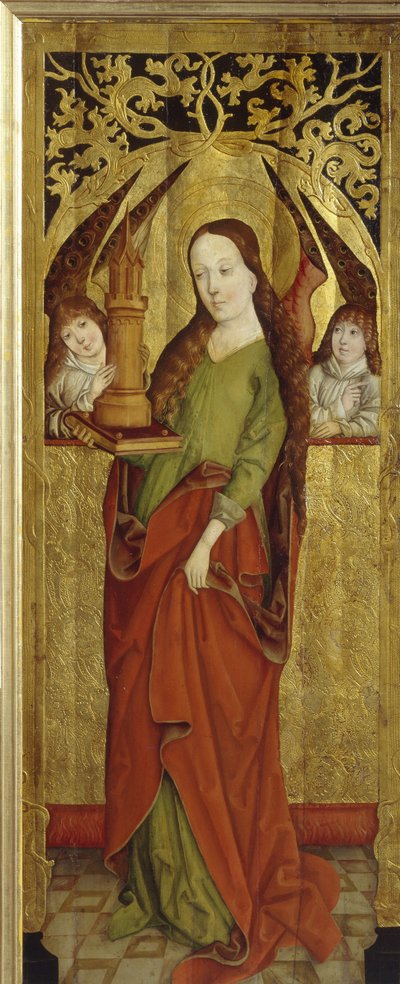 Sainte Barbe veya Barbe the Great Şehit (3. yüzyıl). (Aziz Barbara). Bir plato üzerinde üç pencereli bir kule taşıyan. 1470-1480 dolaylarında, bir Westphalia ustasının (1470 ve 1480 arasında aktif), ahşap üzerine yağlı boya tablosu. alman sanatı by German School